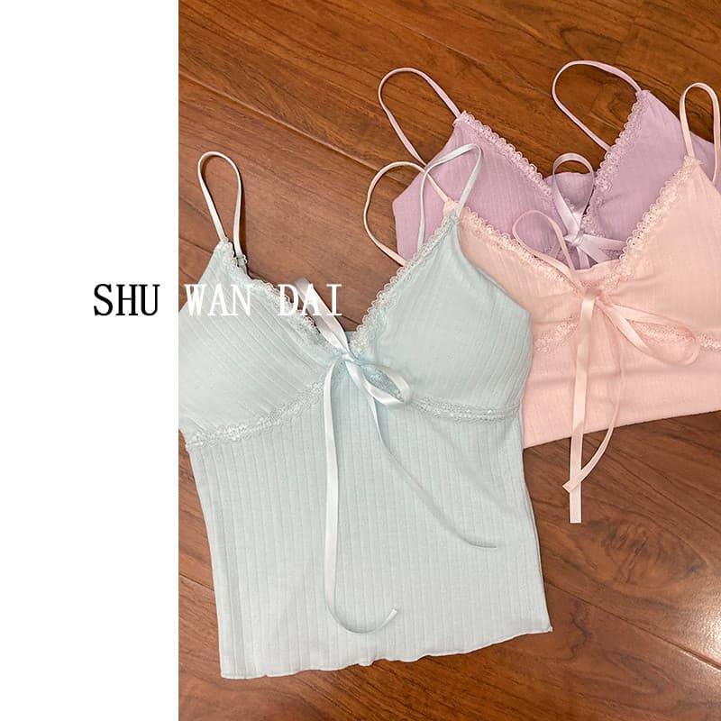 Stunning Bow Lace Camisole Tank Top for Women with Padded Bra, Wearable as Outerwear or Inner Layering, Slim Fit Girly Style Top