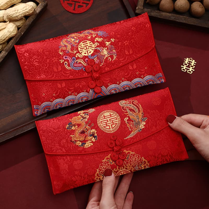 Wedding red envelopes for parents' name-change fee, large fabric tea ceremony packets with double happiness character, new design pair