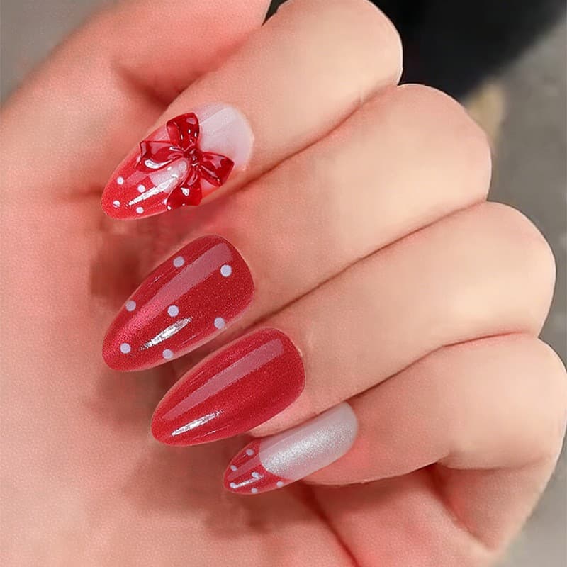 Hot-Selling Press-On Nails Winter Wine Red Bow Design Handcrafted Premium Nail Art
