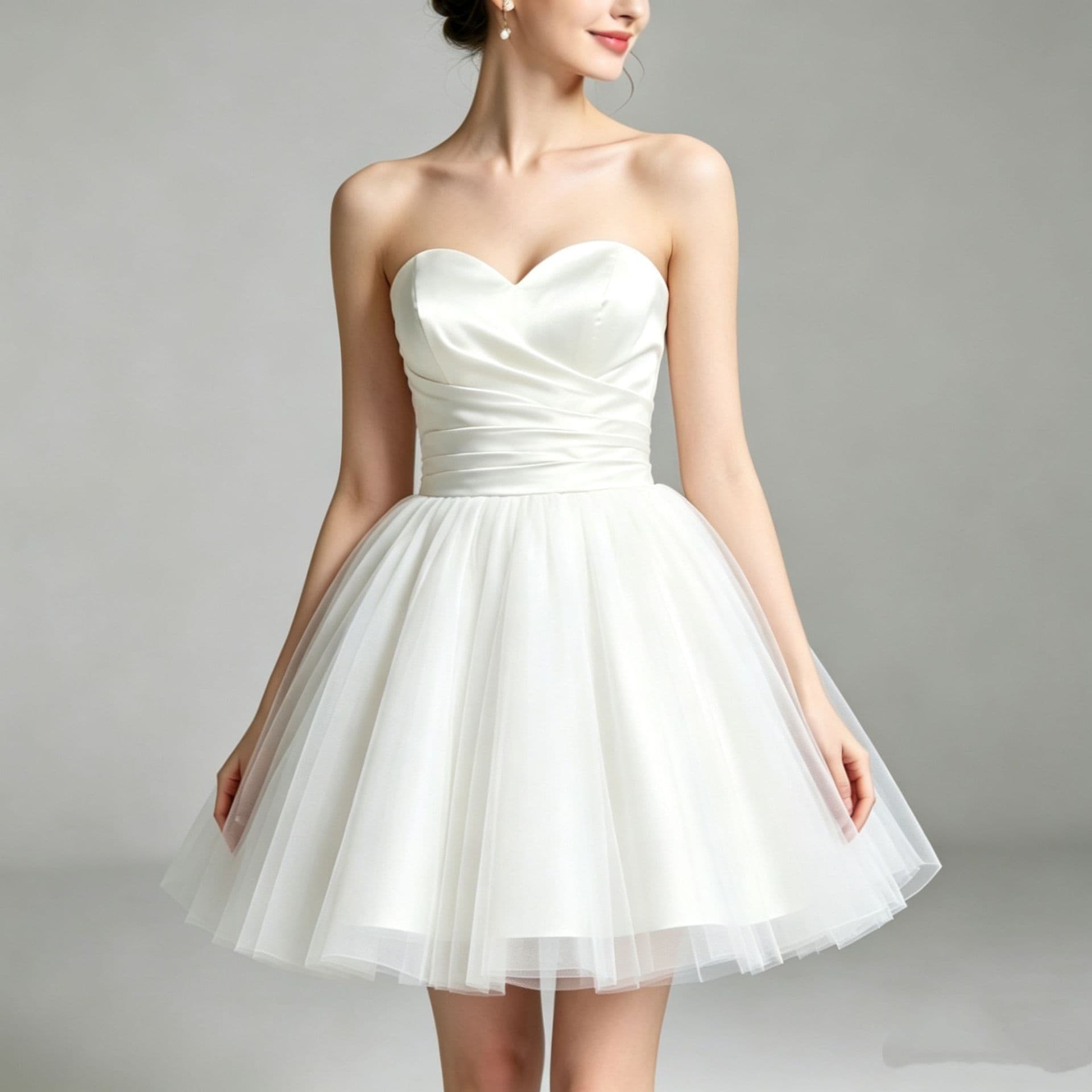 Cross-border white strapless satin light wedding dress heart-shaped neckline waist mesh tutu skirt short engagement evening dress wholesale