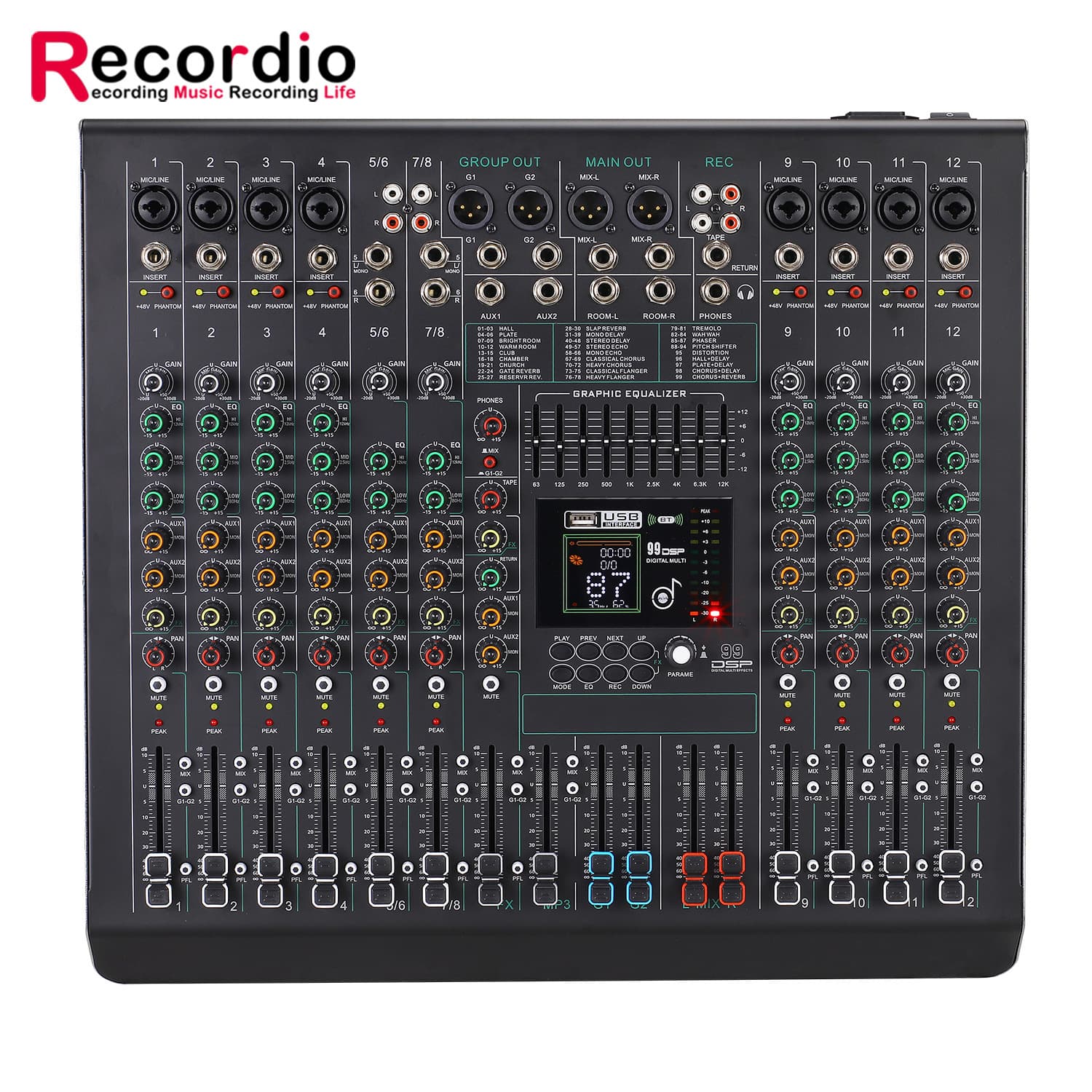 12-Channel Professional Mixing Console with Bluetooth USB Digital Mixer for Stage Performance DJ Mixer Audio Equipment