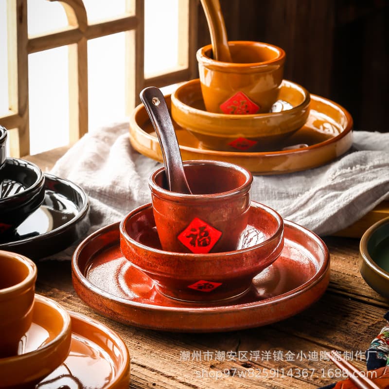 Special ceramic hotel tableware with the word "Fu" and "Fugui" four-piece set with cups, bowls, plates, spoons, restaurant countertops, retro tableware
