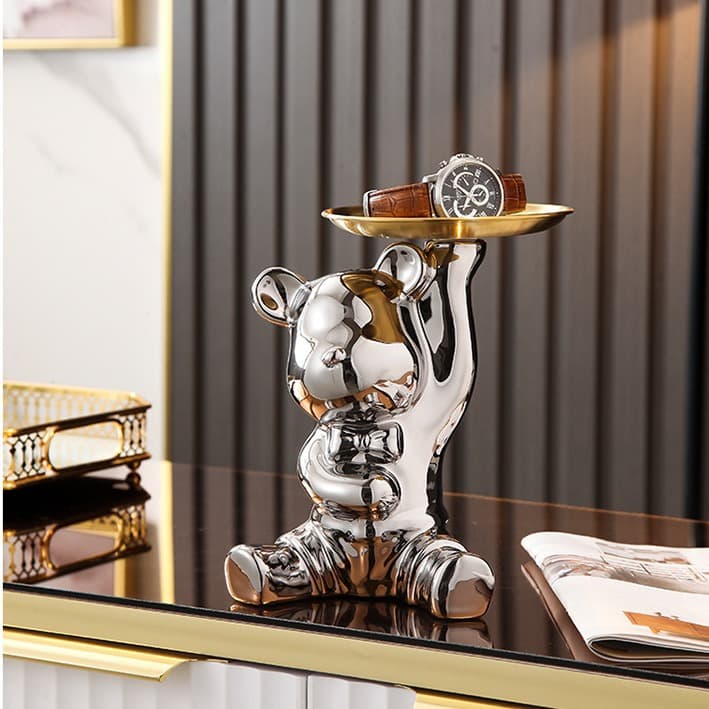 Round Rage Bear Tray Key Holder Ceramic Piggy Bank for Entryway Shoe Cabinet and Luxury Wine Cabinet Decor