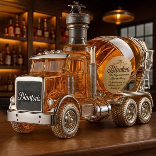 Creative red wine, uniquely shaped sealed sparkling wine, whiskey, vodka, empty liquor bottles, cement mixer truck, whiskey bottles