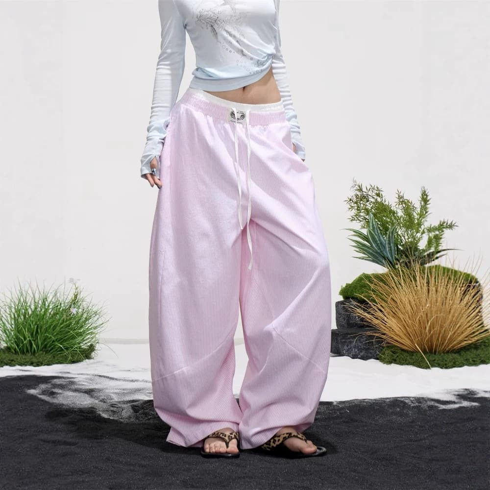 American Retro Casual Pink Yellow Stripe Wide Leg Pants for Women, Drawstring Loose Fit Slimming Straight Leg Lounge Pants