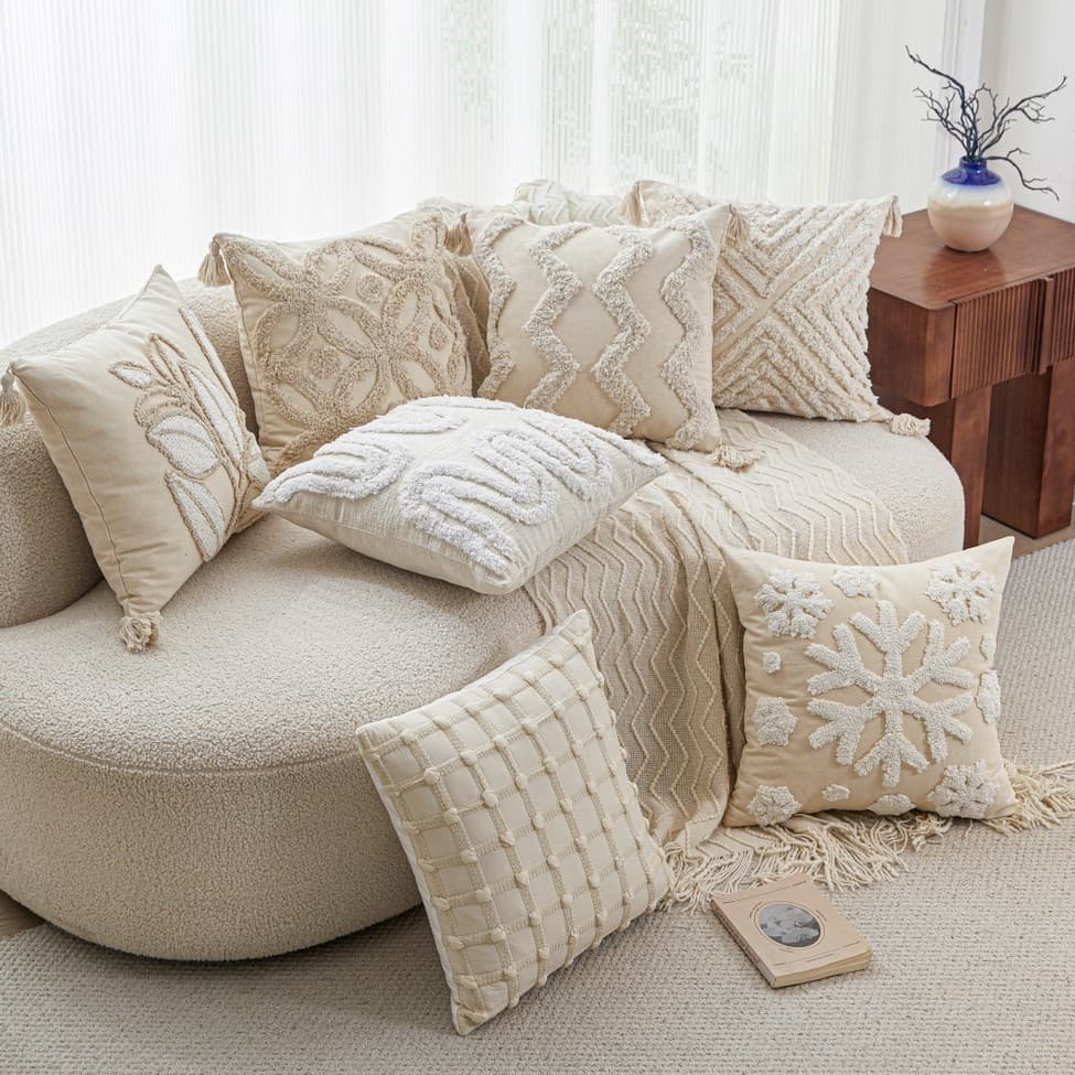 Cream Style Woven Tufted Throw Pillow Cover for Living Room Sofa Cushion with Tassel Embroidery, Nordic Bed Headrest Pillow