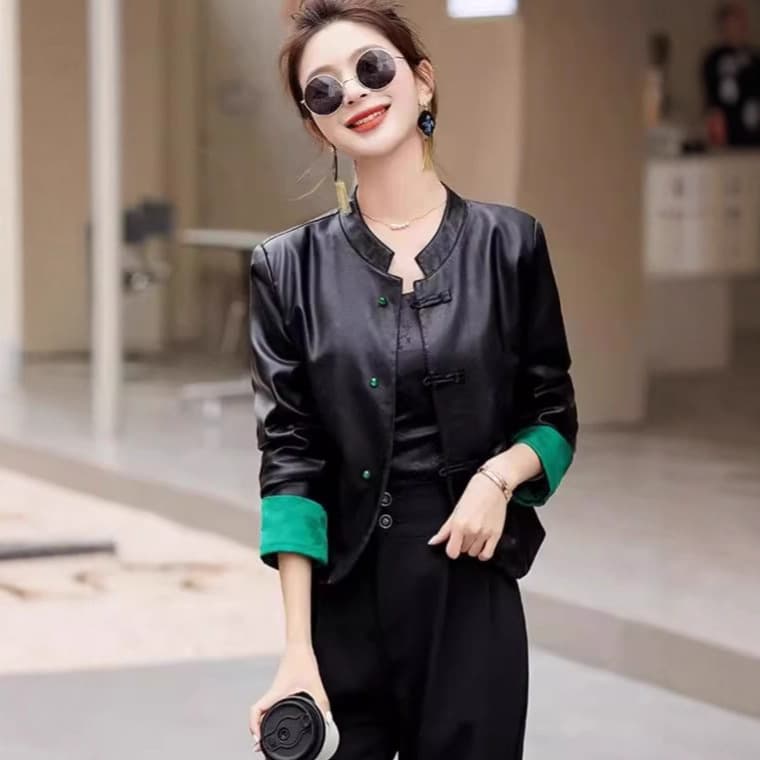 New Chinese Style Short Leather Jacket with Frog Buttons for Women, High-End Petite Leather Coat, 2024 Spring Autumn New Arrival