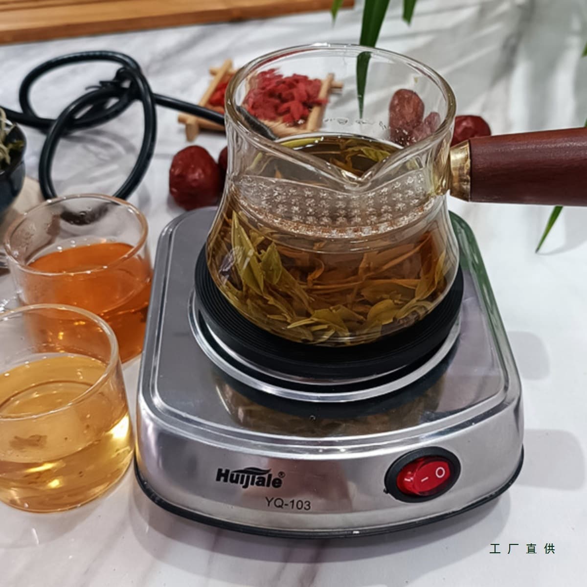 Wooden Handle Tea Brewer Set with Glass Teapot and Electric Stove, Gansu Pot Tea Brewer for Home Brewing and Cup Use