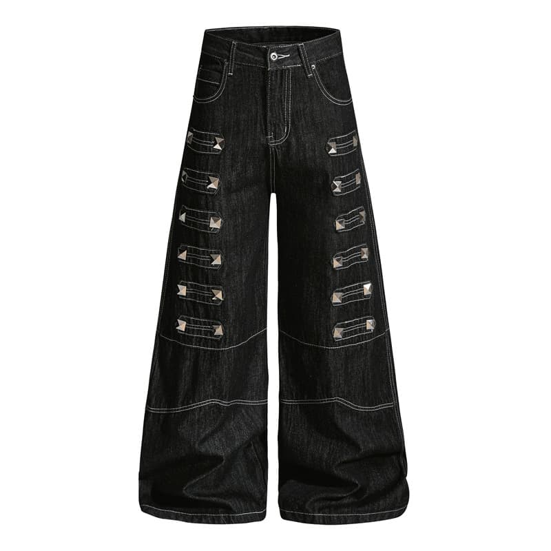 Trendy high street hip-hop niche non-contrast style square metal nails hollow cloth tabs heavy industry rivet wide leg jeans for men