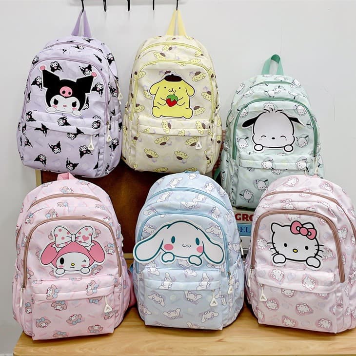 2025 Summer New Oxford Cloth Backpack with Cartoon Trio Pattern, Casual Backpack for Junior High School Students, Large Capacity Schoolbag