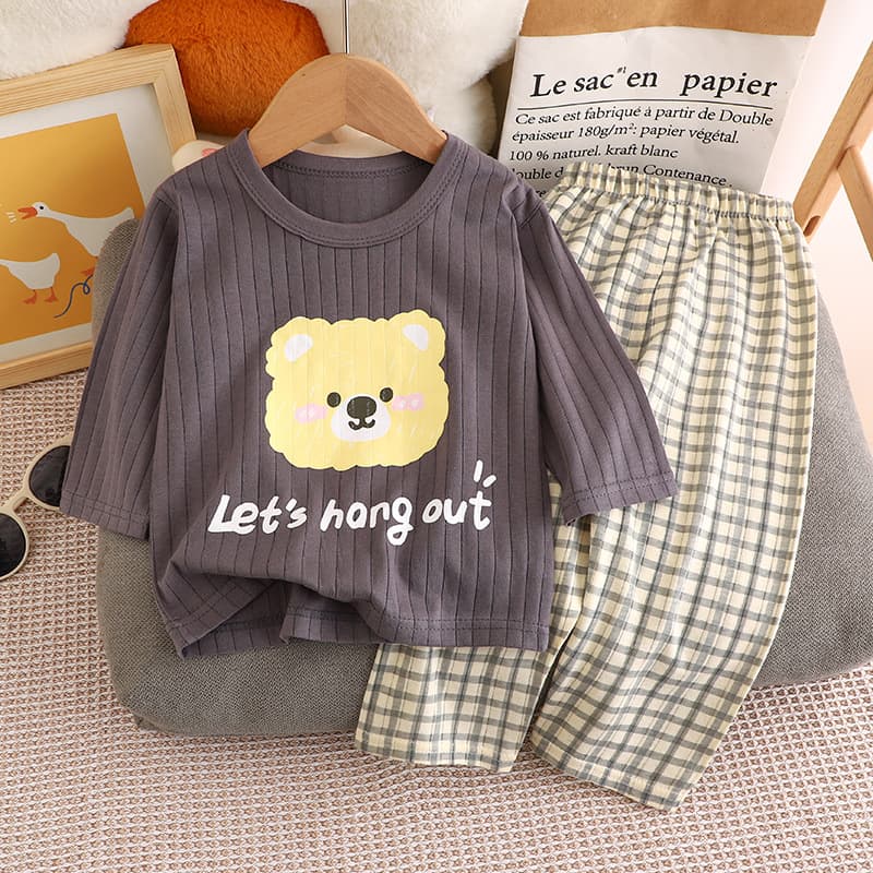 Summer Kids Long Sleeve Long Pants Homewear Set, Cotton Thin Pajamas for Baby, Air Conditioning Wear