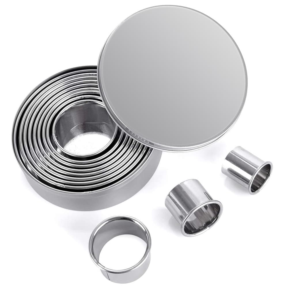 12-Piece Set Stainless Steel Cake Mold Biscuit Cookie Dough Maker Pasta Skin Maker Round Shape Baking Tools Silver Grey Color