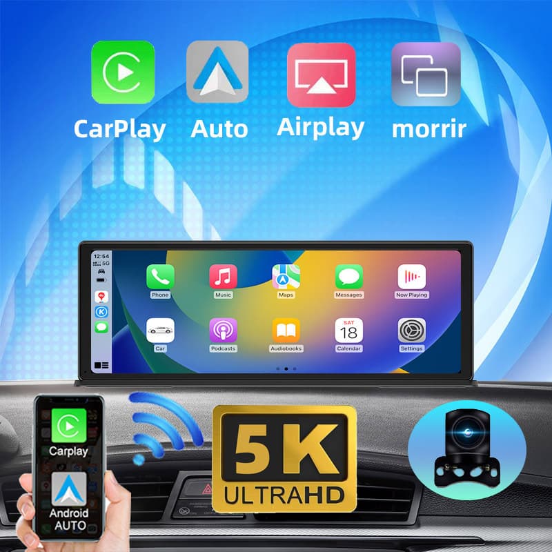 5K Dash Cam 11.3-Inch Large Screen Dashboard CarPlay Android Auto Screen Mirroring 1080P Reverse Camera BT