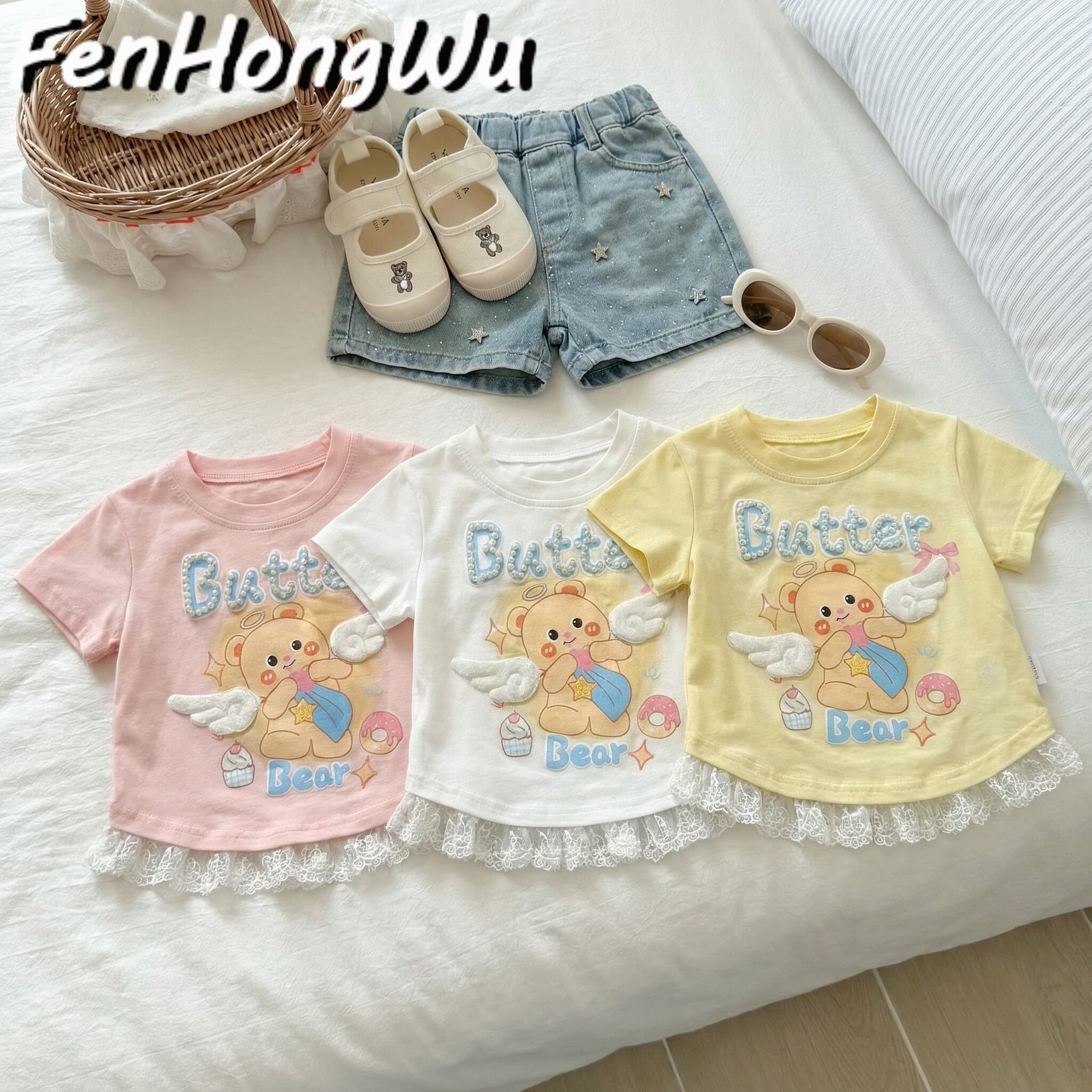 Short-sleeved top for baby girl sweet and cute cartoon printed lace heavy beading T-shirt