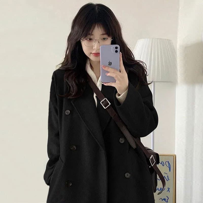 Black wool coat for women, Hepburn style, petite women, 2025 autumn/winter new Korean style suit jacket