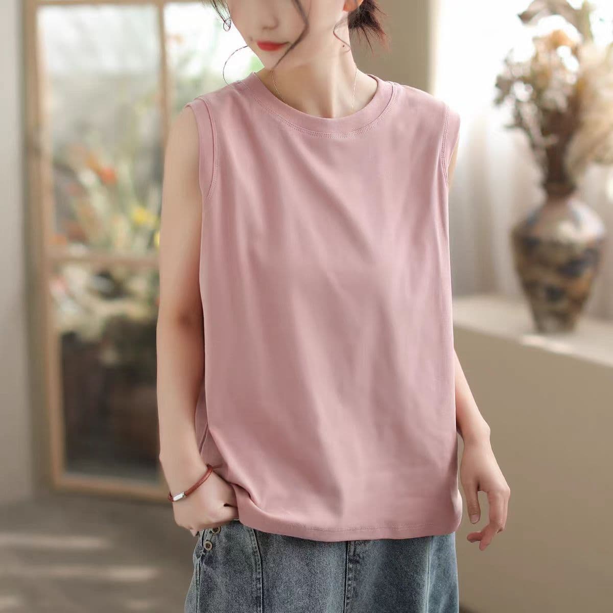 2025 Spring Vest Short Sleeve Women Cotton Casual Round Neck Sleeveless Solid Color Fashionable Slim Fit T-Shirt