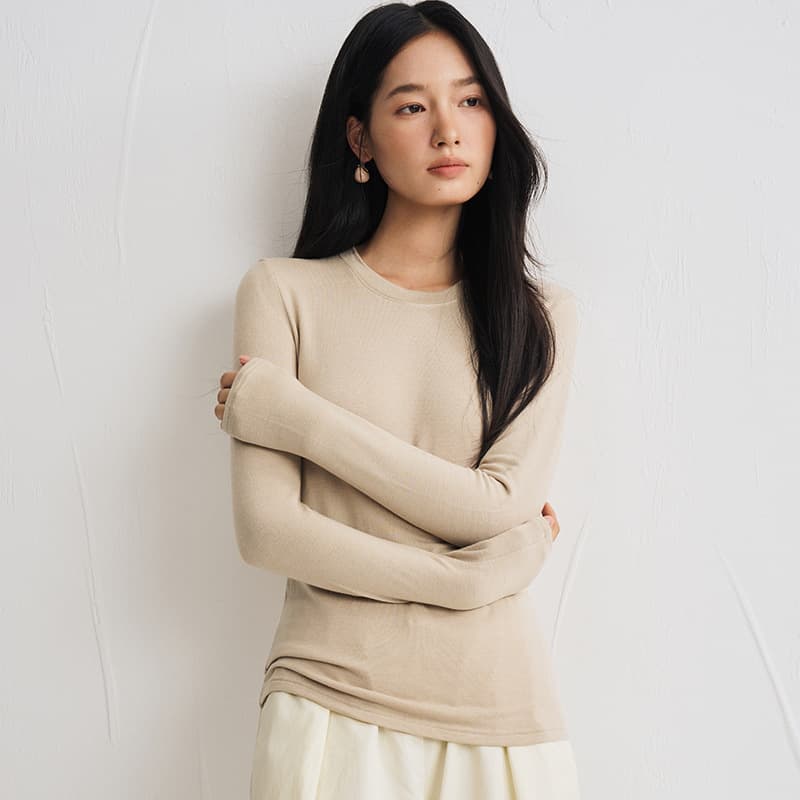 Tencel acetate wool base shirt women's 2025 autumn/winter new style round neck top simple solid color warm long sleeve T-shirt