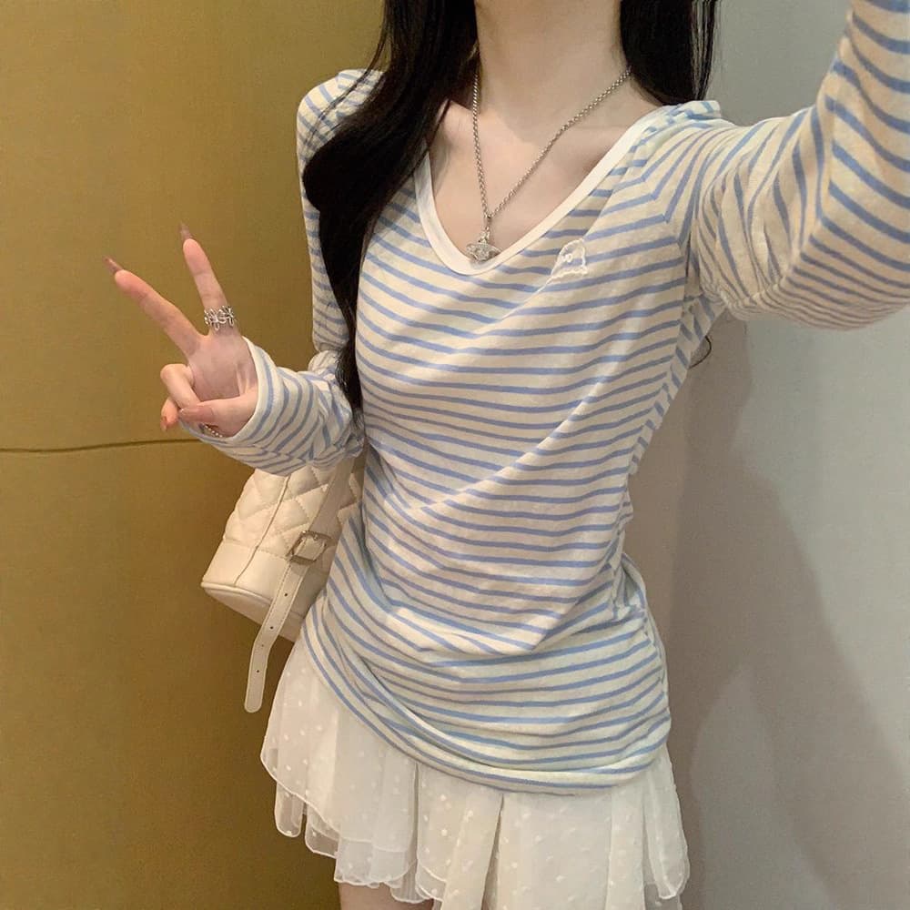 Blue V-Neck Striped Long-Sleeve Sun Protection T-Shirt for Women, Autumn Korean Loose Relaxed Fit Cover-Up Top, Wholesale