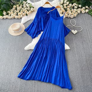 French Luxury Elegant V-Neck Flared Sleeve Blouse with Chic Loose Fitting Pleated Long Skirt Two-Piece Set