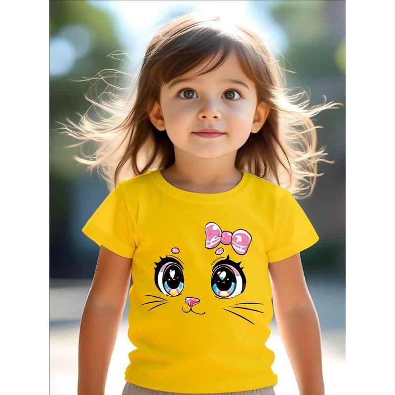 Ouma Cross-Border Cotton Cute Cat Print Round Neck Tee, Casual Short Sleeve