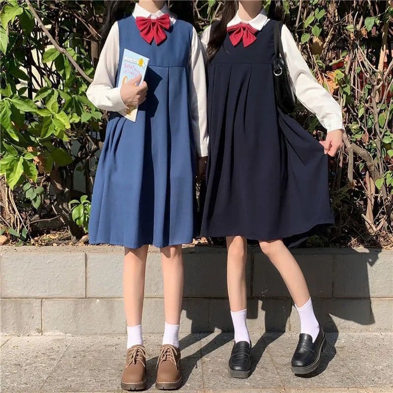Spring and autumn academic style shirt + JK uniform bow overall dress for female students loose mid-length two-piece set