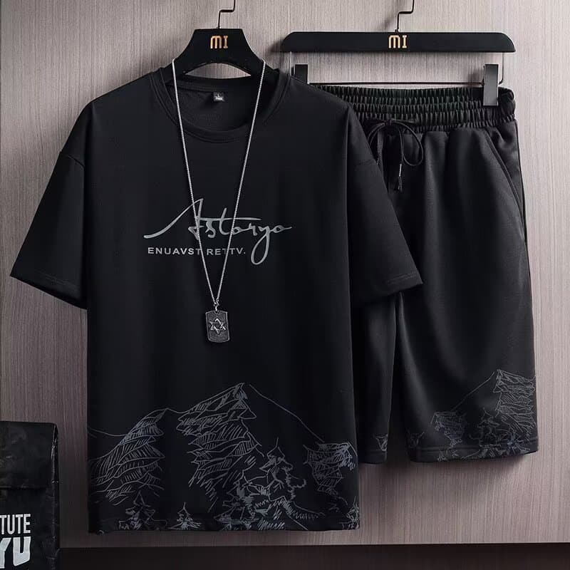 Summer Men's Fashion New Trendy Ice Silk Set Ins Casual Summer Versatile Youth Men's Loose T-Shirt