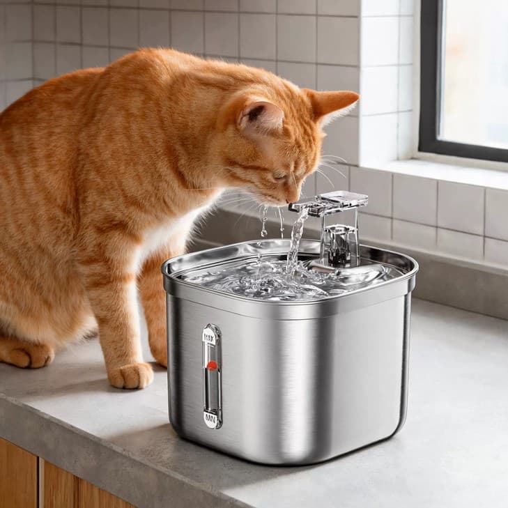Pet Water Fountain Square Full Stainless Steel Automatic Circulating Filtered Smart Cat Fountain Pet Supplies Factory