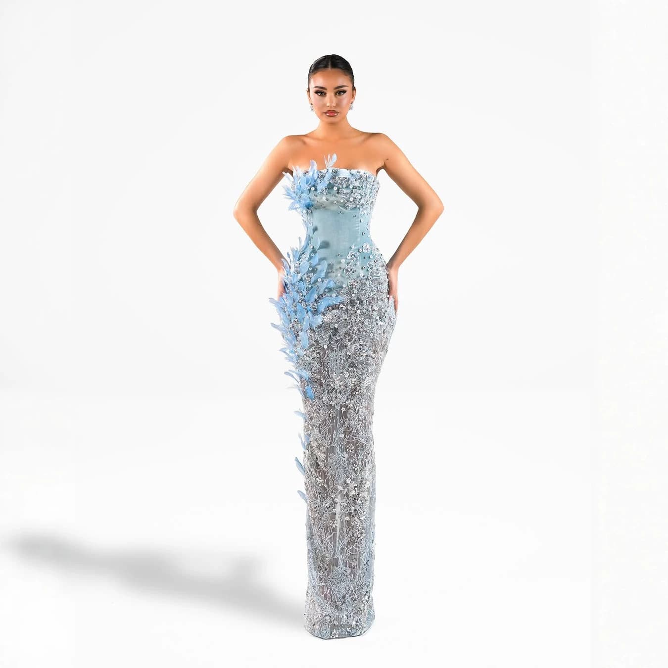 Cross-border European and American sequined evening dress for women 2026 new European and American feather long-sleeved banquet party long dress