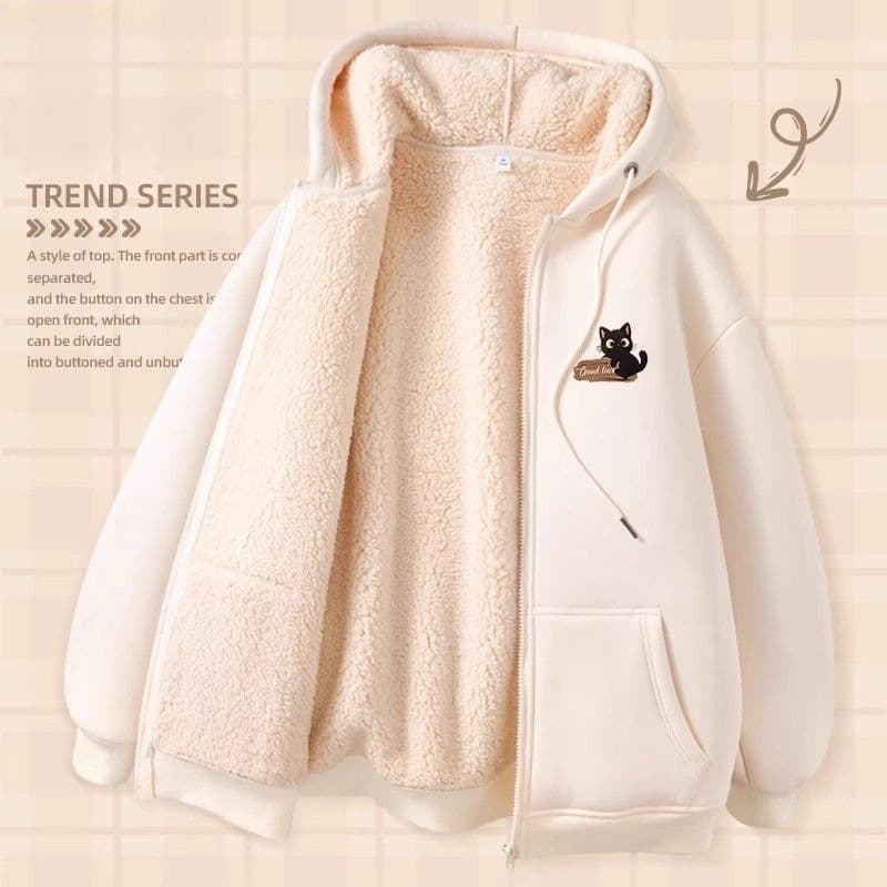 Beige Zip-Up Sherpa Fleece Sweatshirt, Fleece-Lined Thickened Jacket, Autumn/Winter 2025 New Style Hooded Cardigan Top 12