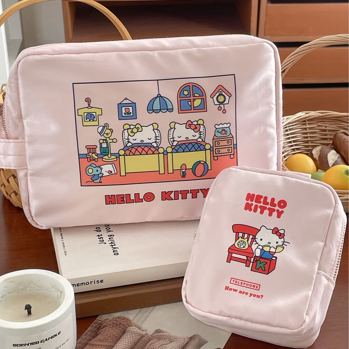 Satin kt cat cosmetic bag, cute cartoon print storage bag, good-looking travel portable toiletry bag