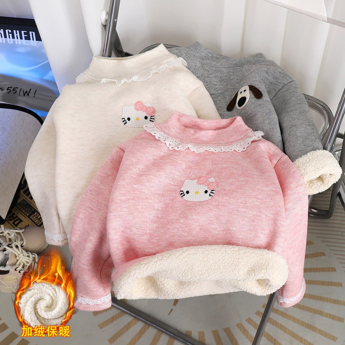 Drop Shipping New Style Boys and Girls Autumn Winter Fleece-Lined Base Layer Fashionable Girls High-Neck Top Warm Long Sleeve