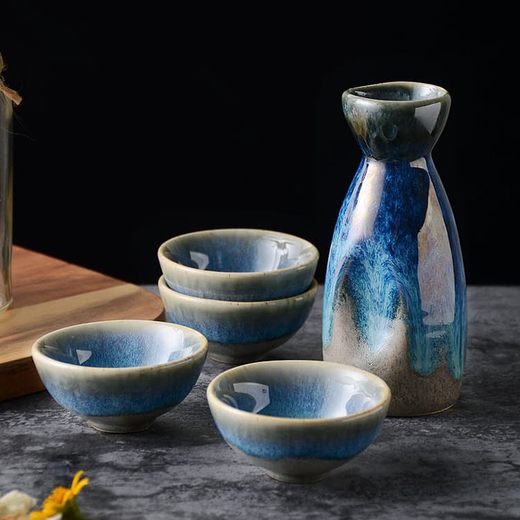 Japanese Sake Set Ceramic Liquor Cups Tableware, Retro Home Use Soju Pot 1 Pot 4 Cups Set Wholesale
