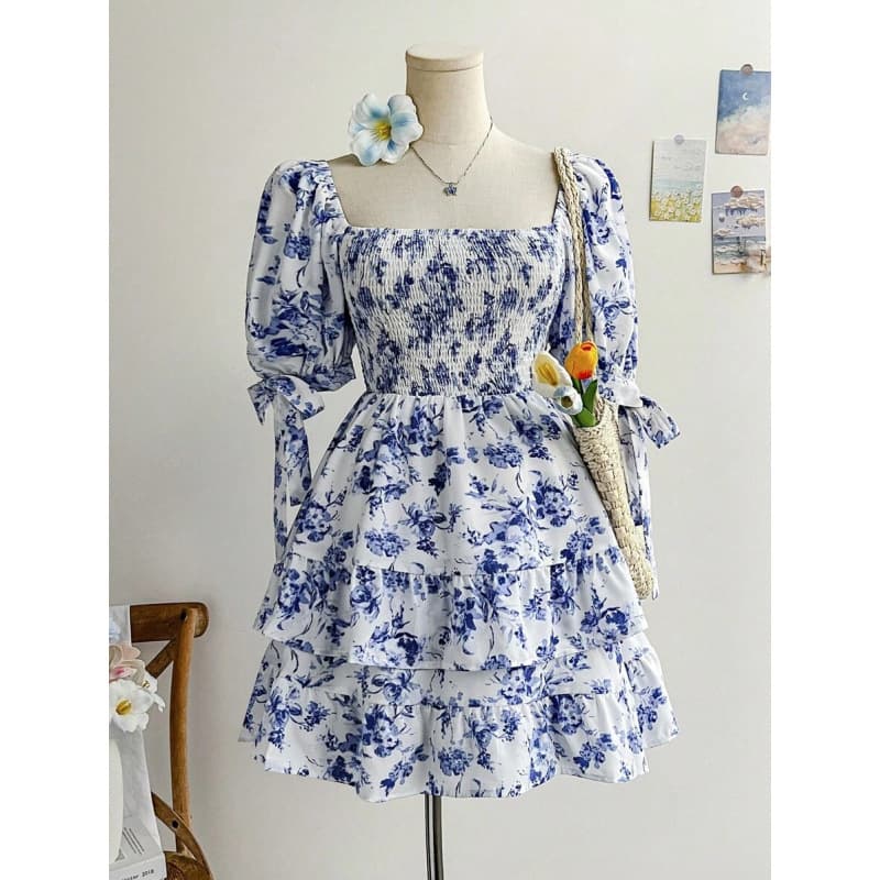 S 15887 Floral Square Neck Dress with A-Line Skirt for Cross-Border Sales