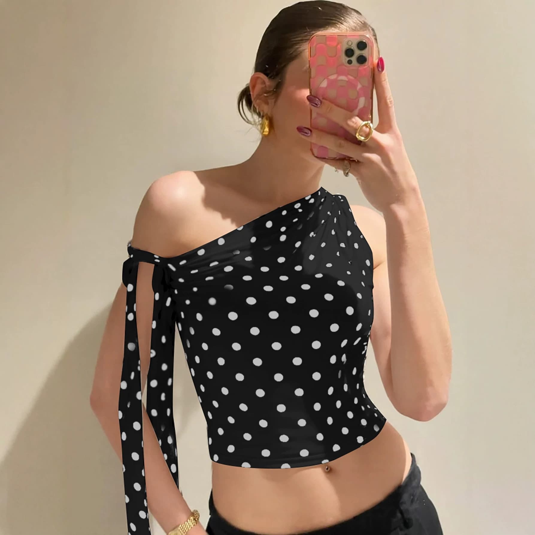 European and American Best-Selling Women's Fashion 2025 Summer New Arrival Stylish Hot Girl Polka Dot Diagonal Neck Tie T-Shirt Top Wholesale for Export