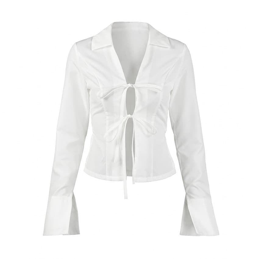 2026 European and American Trendy White Blouse for Women with Tie Waist, Long Sleeve, Loose Fit, Casual, Versatile, and Slimming Top