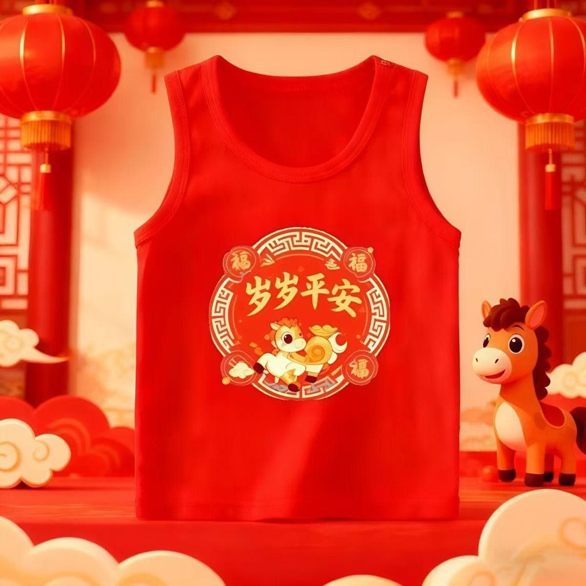 Children's Red Pure Cotton Vest for Boys and Girls, Horse Year Autumn and Winter Festive New Year Red Outfit