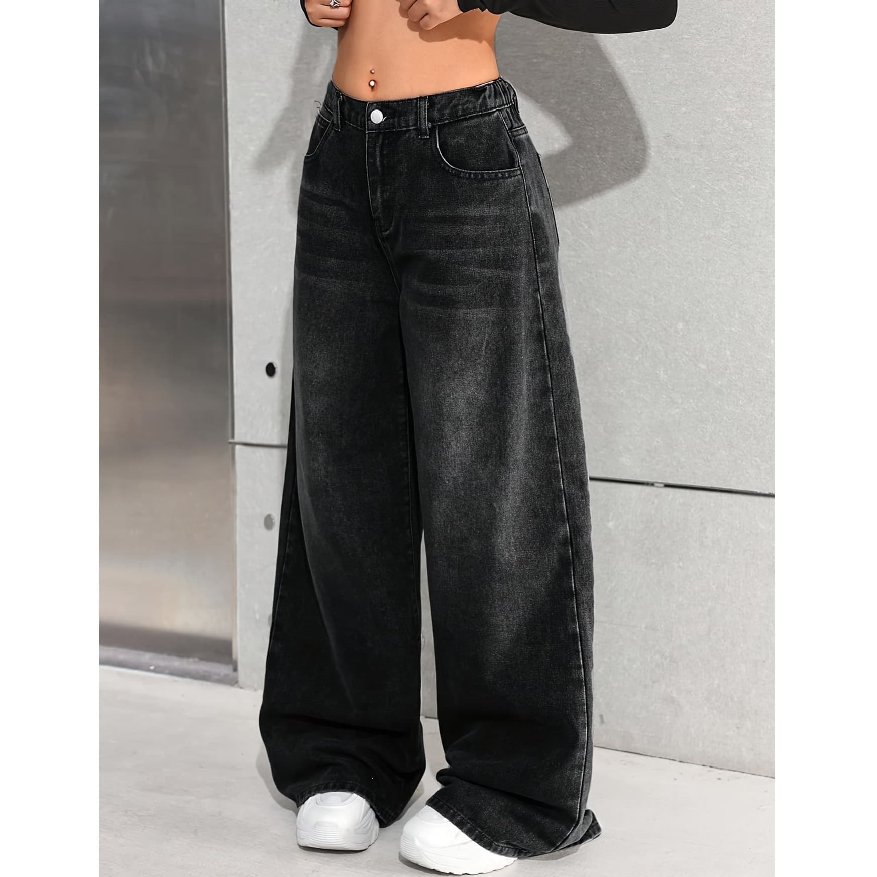 Cross-border European and American women's loose wide-leg diagonal pocket casual jeans girls' street style wear