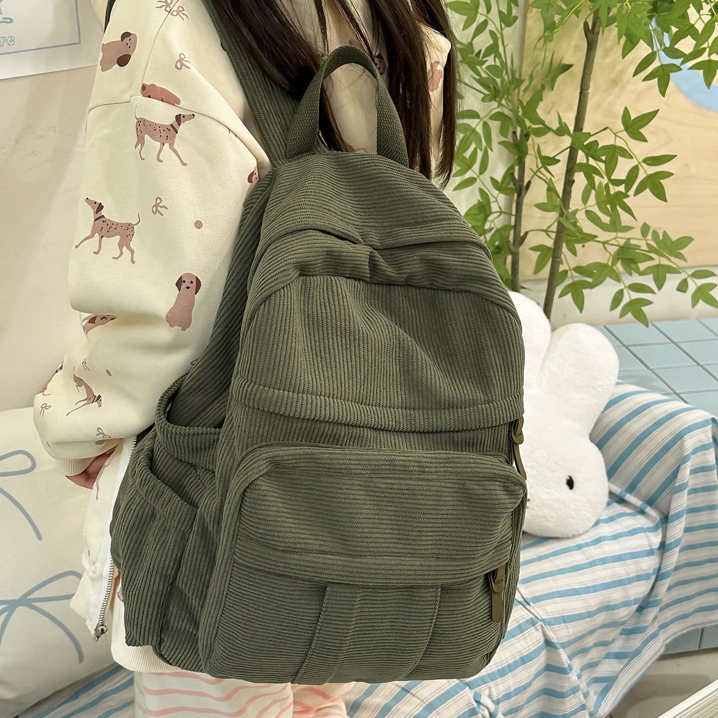 Premium Corduroy Backpack for Women Korean Style Casual Solid Color Ribbed Shoulder Bag Minimalist Design Commuter Schoolbag