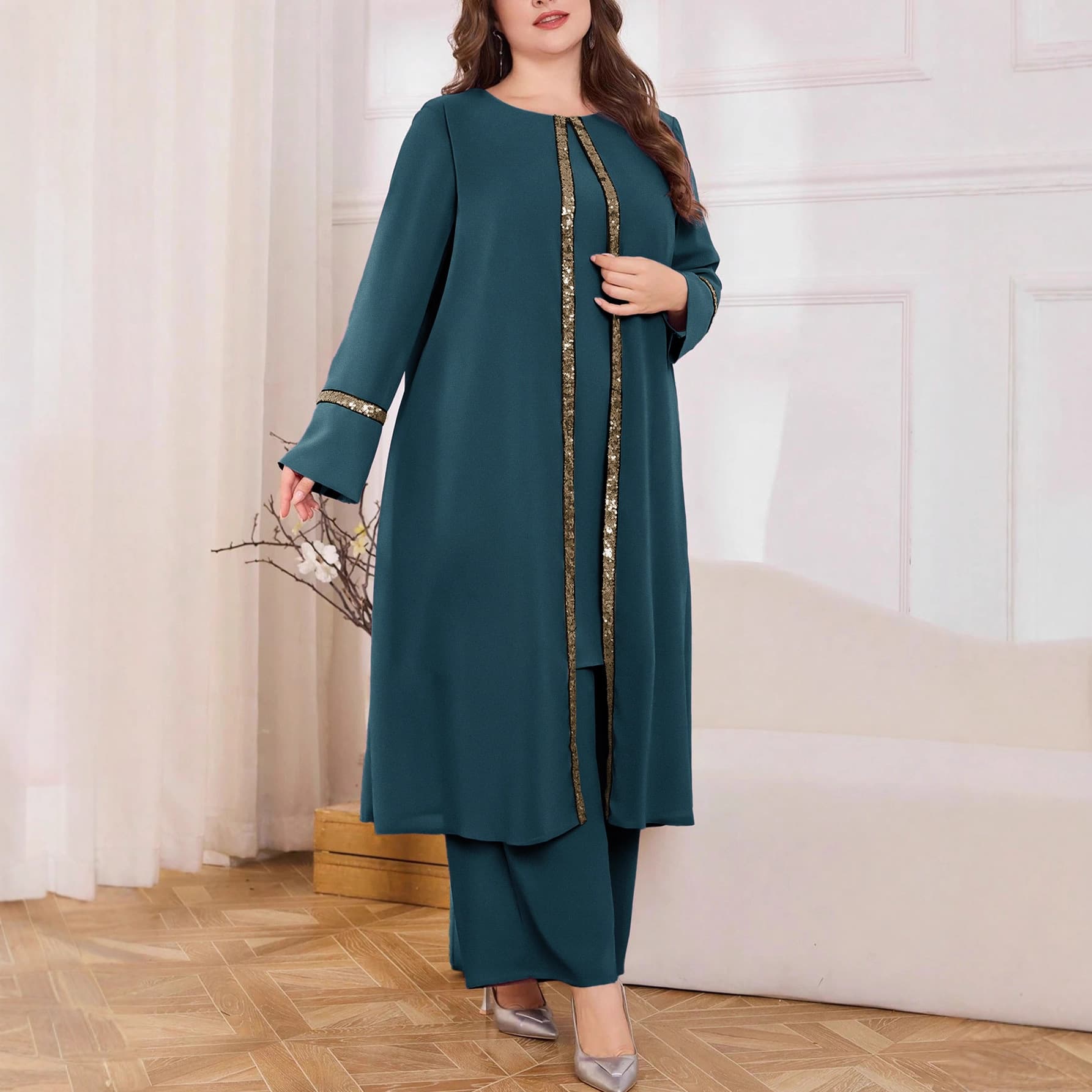 Amazon's best selling large size sequin decorated women's suit solid color loose long-sleeved tops and trousers fashion suit