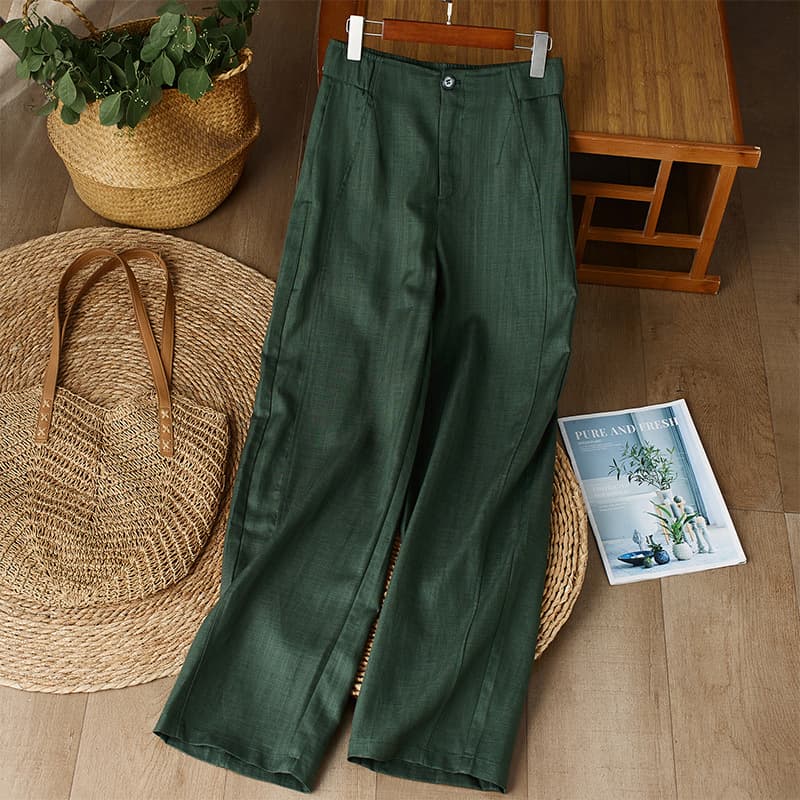 High-end green linen wide-leg pants for women summer thin 2026 drape slim nine-point anti-wrinkle cotton and linen straight pants