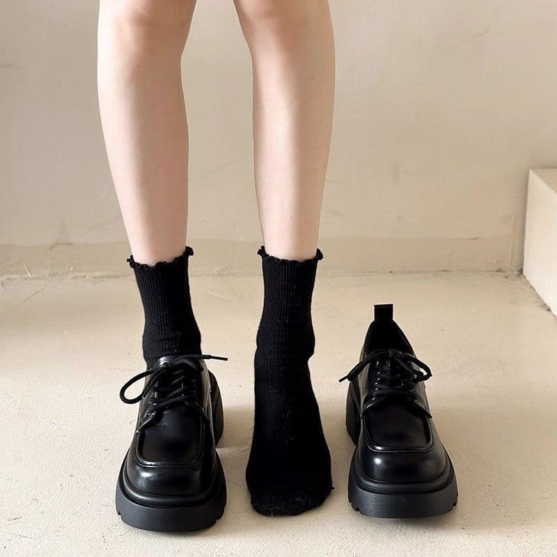 Petite platform loafers for women, 2025 spring/autumn new British-style black lace-up flats.