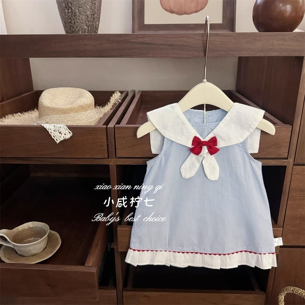 [Xiao Xian Ning Qi] Spanish preppy style baby girl summer sweet lapel vest dress bow tie palace dress