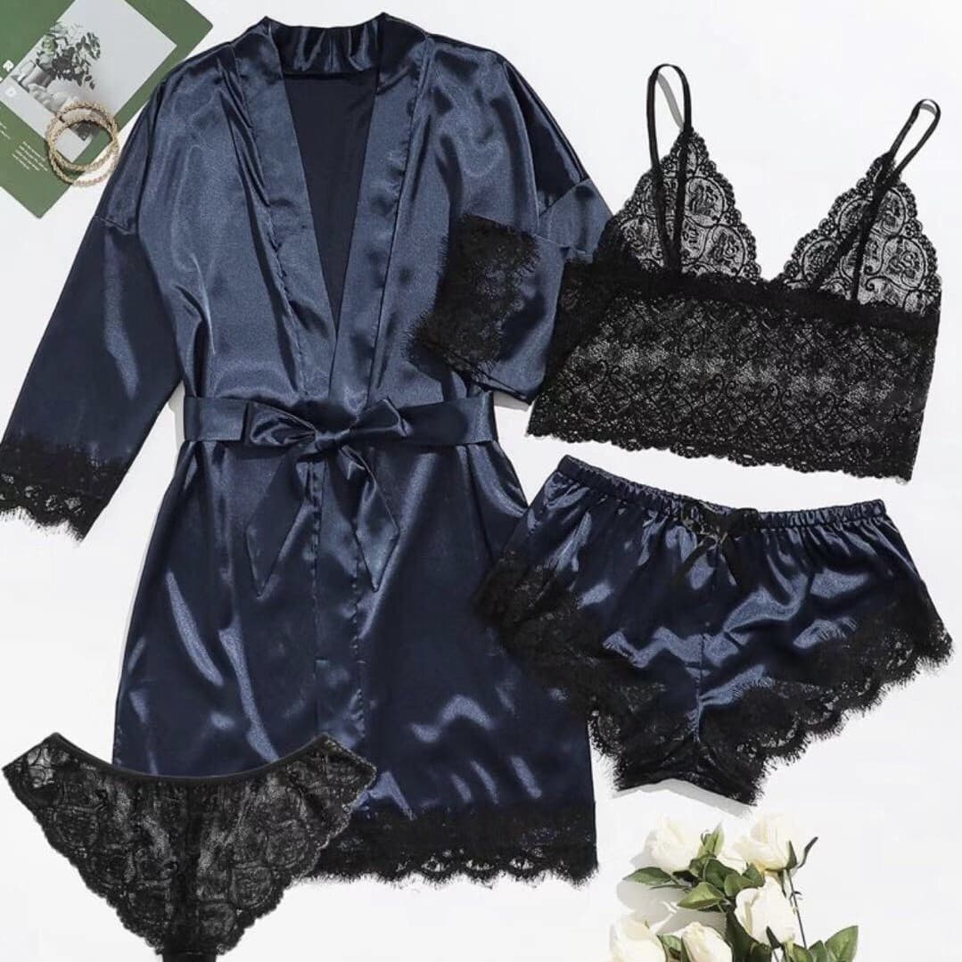 Cross-border Supply for Europe and America Sexy Women's Pajama Four-Piece Set Satin Sexy Seductive Women's Summer Lace Camisole Wholesale