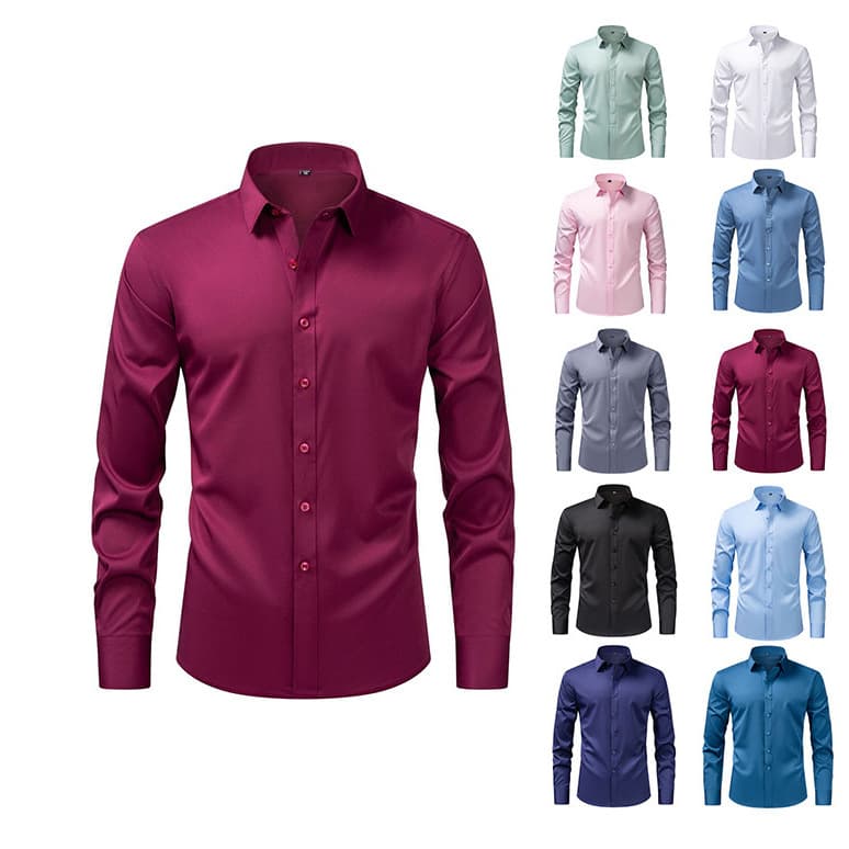 Men's Business Shirt Cross-Border Solid Color Stretch Wrinkle-Free European Fit Four-Way Stretch Long Sleeve