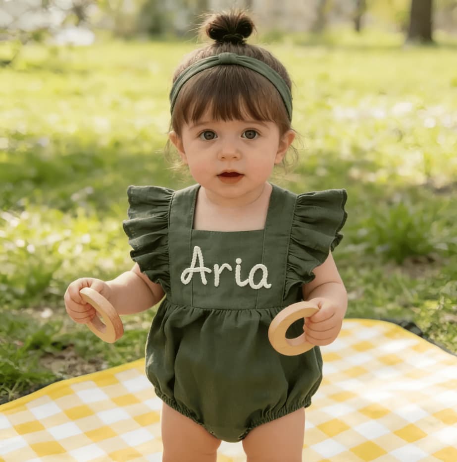 Customized embroidered cross-border baby jumpsuit summer flying sleeves suspender suit Korean version baby girl hemp cotton bag fart suit