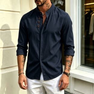 New Autumn/Winter Men's Casual Linen Shirt Chinese Style Stand Collar Cotton Linen Shirt