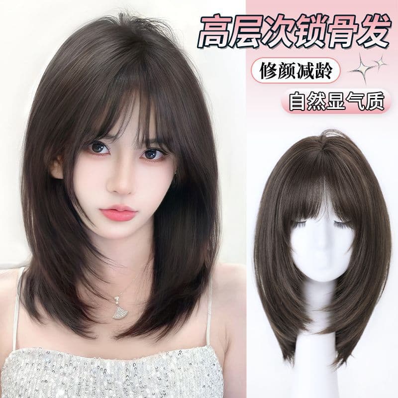 Women's full-head wig, high-layered collarbone-length hair, new summer style, realistic hair, face-shaping, age-reducing, natural short wig.