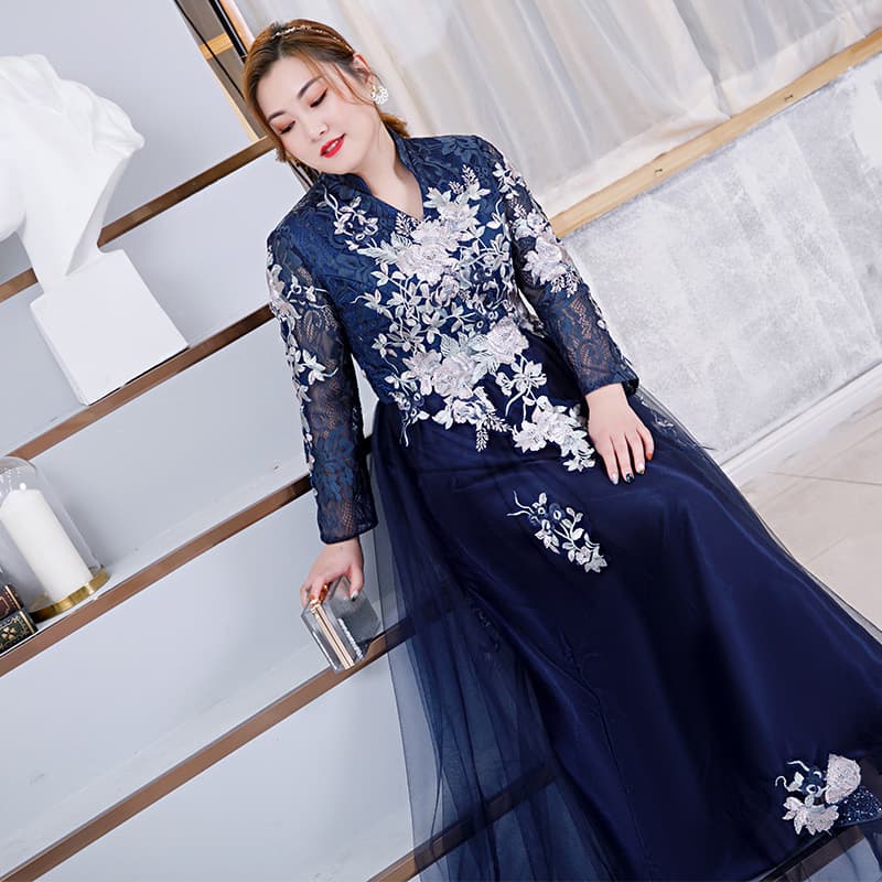 Plus Size Women's Slimming Navy Blue Long-Sleeve Art Exam Performance Dress 2025 New Banquet Annual Meeting Host Long Gown