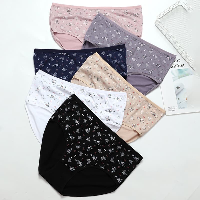 Plus Size Women's Cotton Mid-Rise Solid Underwear with Plum Blossom Print, Mother & Plus Size Underwear, Factory Direct