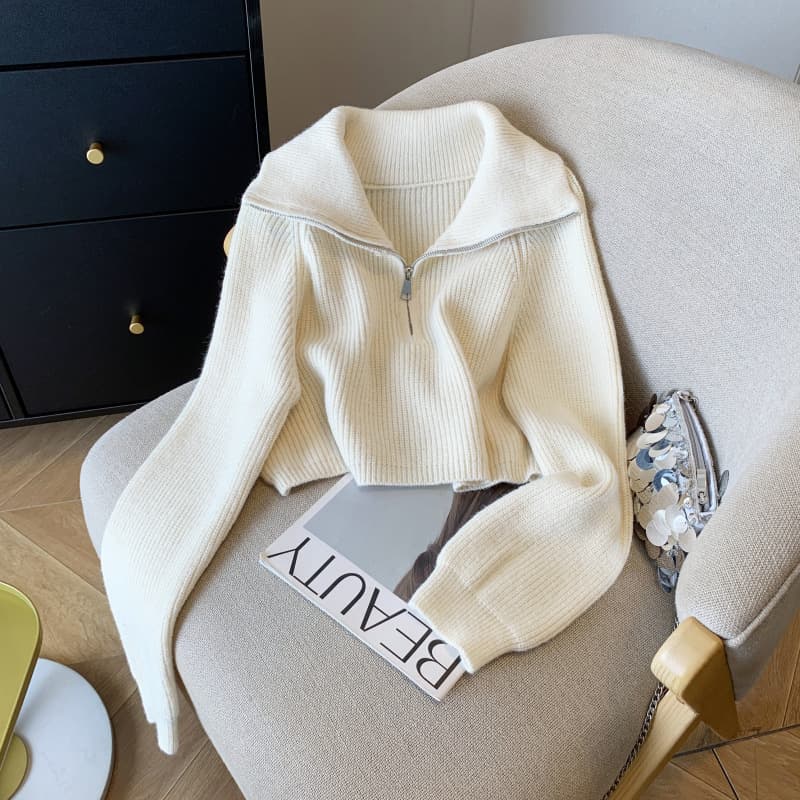 In Stock Real Shot Korean Style Zipper Short Knitwear Women Loose Fit Casual Turn-down Collar Sweater Jacket Top